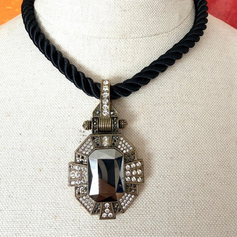Heidi Daus Art Deco Crystal Pendant Necklace on Black Twisted Cord